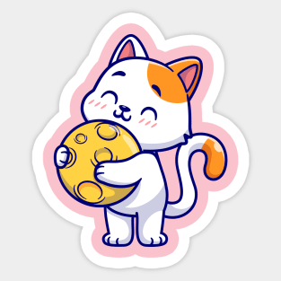 Cute Cat Holding Moon Cartoon Sticker